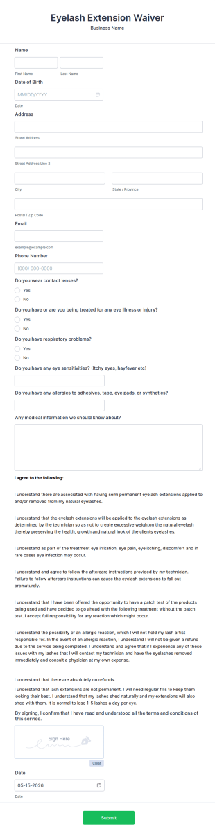 Eyelash Extension Waiver Form Template