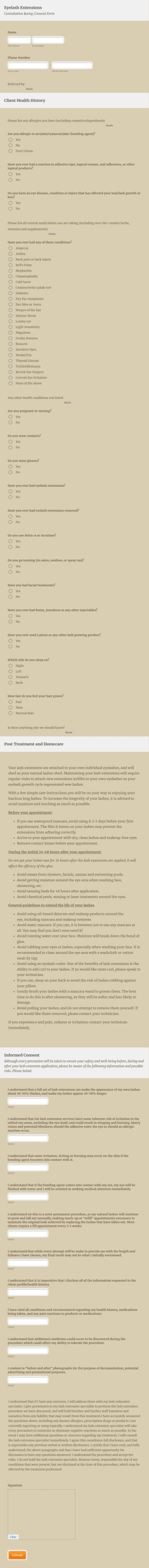 Eyelash Extensions Studio B Beauty Lounge Form Template