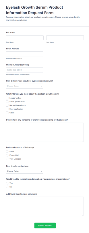 Eyelash Growth Serum Product Information Request Form Template