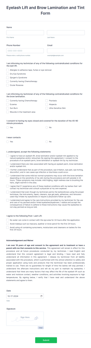 Eyelash Lift And Brow Lamination And Tint Form Template