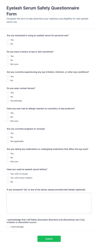 Eyelash Serum Safety Questionnaire Form Template
