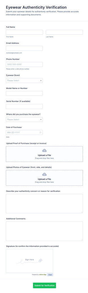 Eyewear Authenticity Verification Form Template