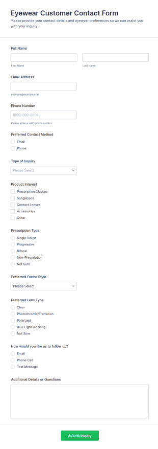 Eyewear Customer Contact Form Template