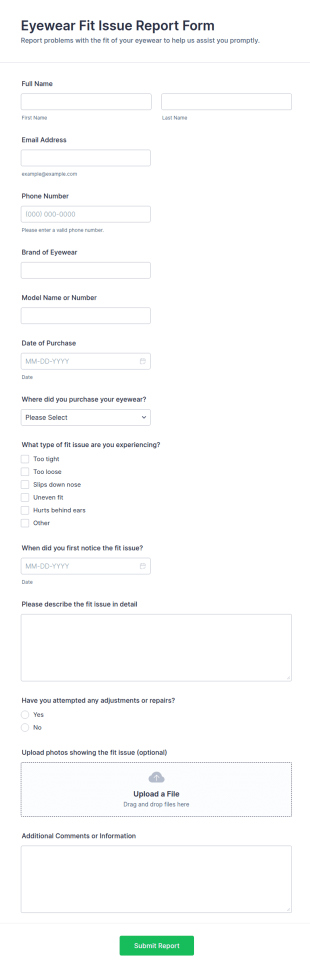Eyewear Fit Issue Report Form Template