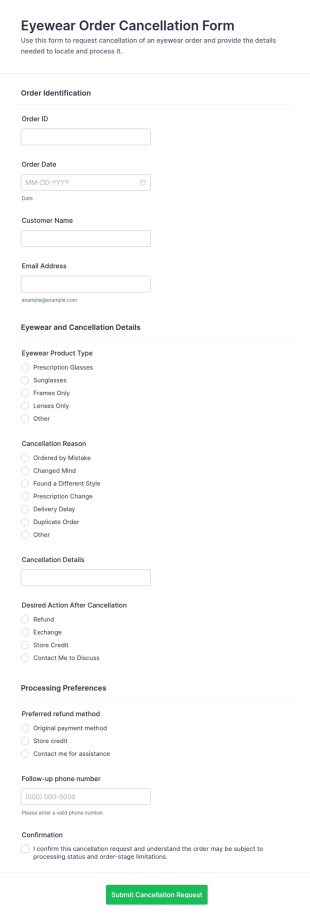 Eyewear Order Cancellation Form Template