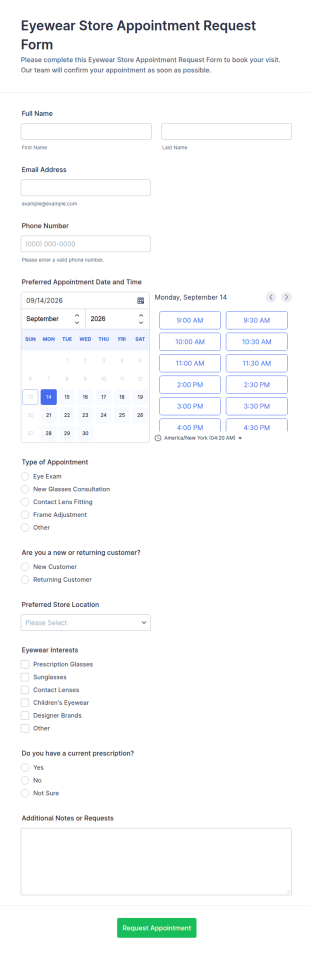 Eyewear Store Appointment Request Form Template