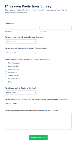 F1 Season Predictions Survey Form Template
