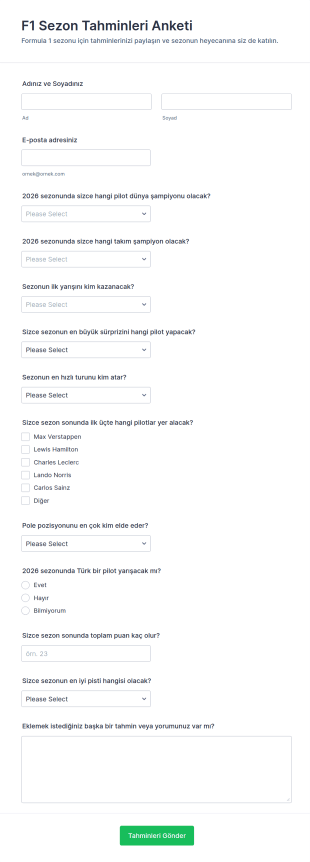 F1 Sezon Tahminleri Anketi Form Şablonu