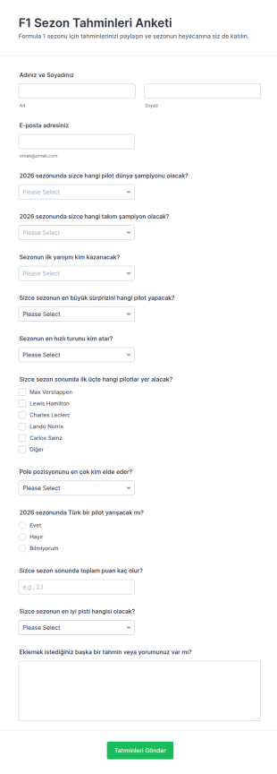 F1 Sezon Tahminleri Anketi Form Şablonu