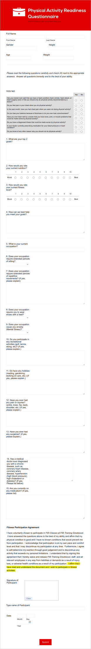 F45 Greatwood PAR Q Form Template