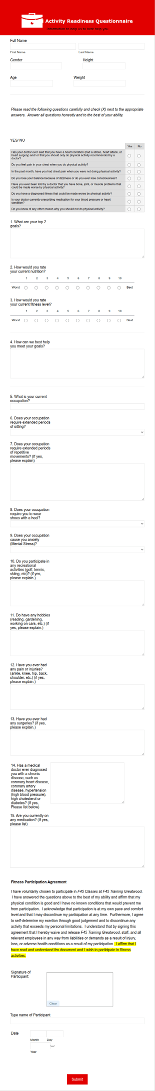 F45 Greatwood PAR Q Form Template