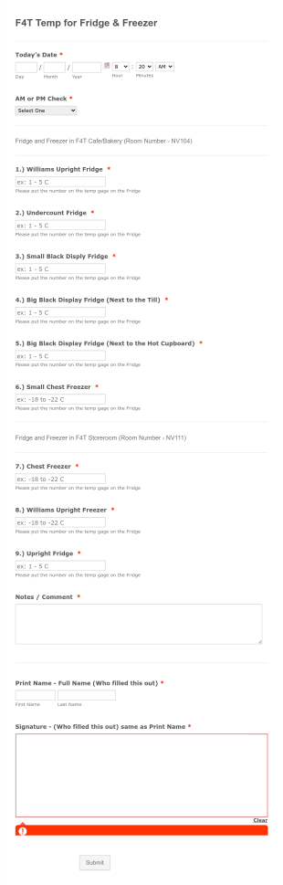 F4T Temp For Fridge And Freezer Form Template