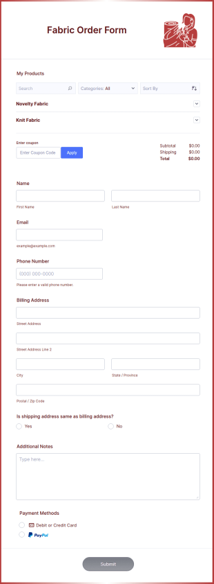 Fabric Order Form Template
