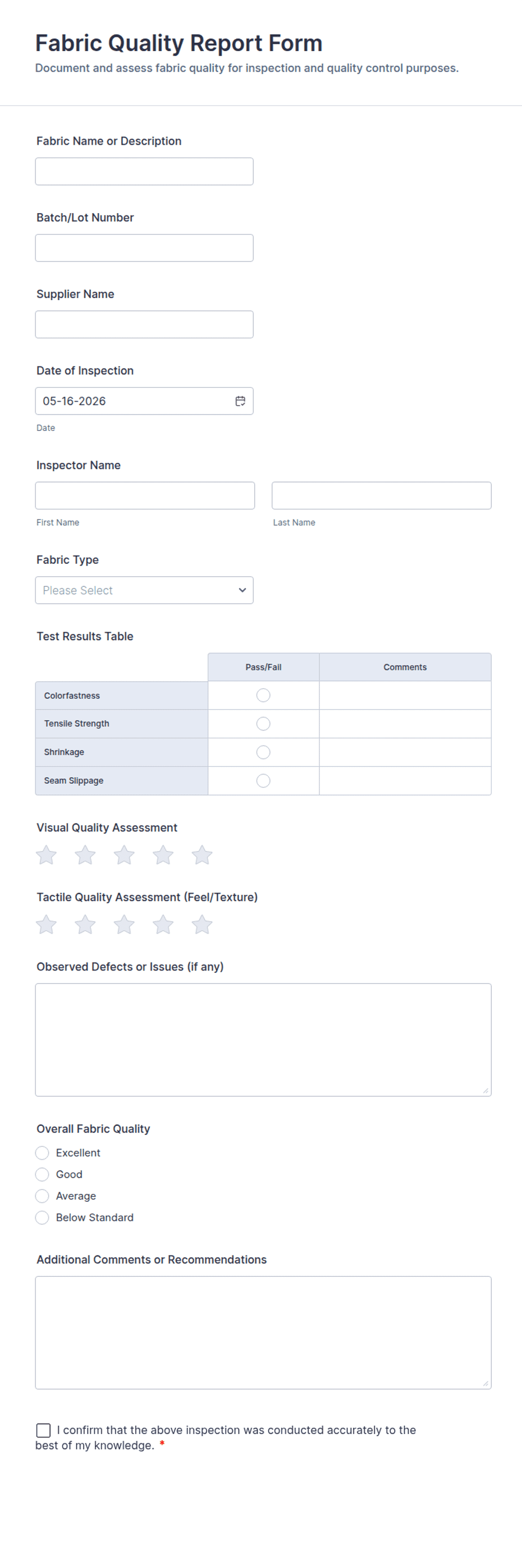 Fabric Quality Report Form Template | Jotform