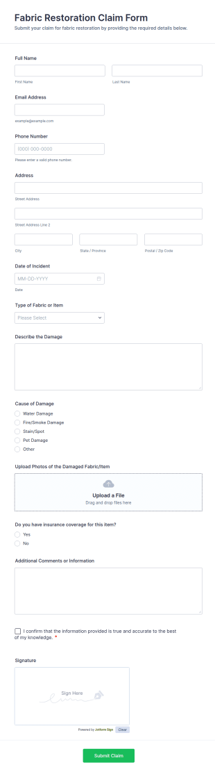 Fabric Restoration Claim Form Template