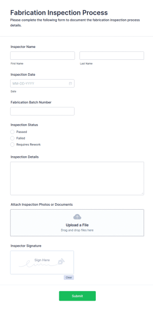 Fabrication Inspection Process Form Template