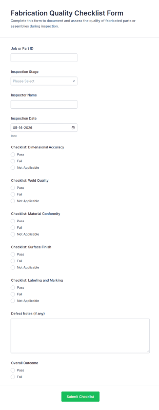 Fabrication Quality Checklist Form Template