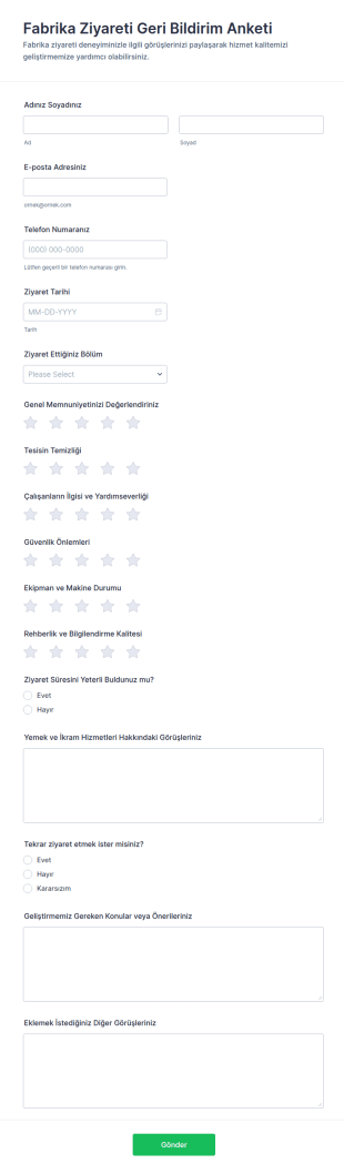 Fabrika Ziyareti Geri Bildirim Anketi Form Şablonu