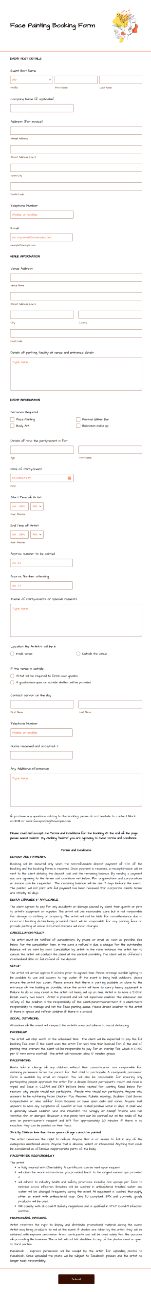 Face Painting Booking Form Template