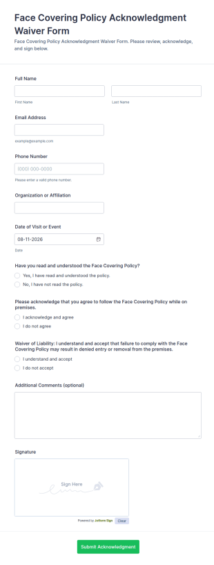 Face Covering Policy Acknowledgment Waiver Form Template