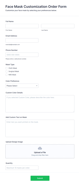 Face Mask Customization Order Form Template