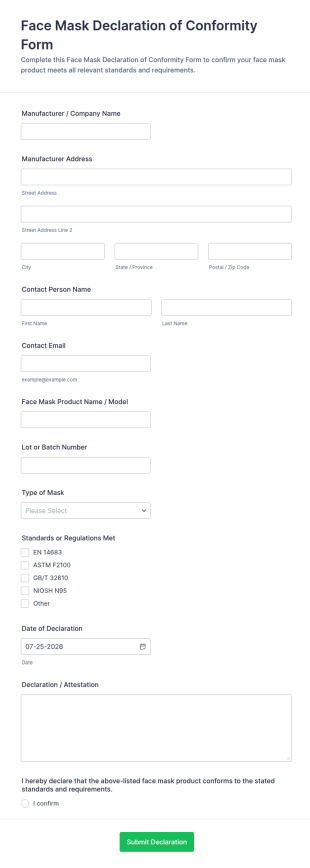 Face Mask Declaration Of Conformity Form Template