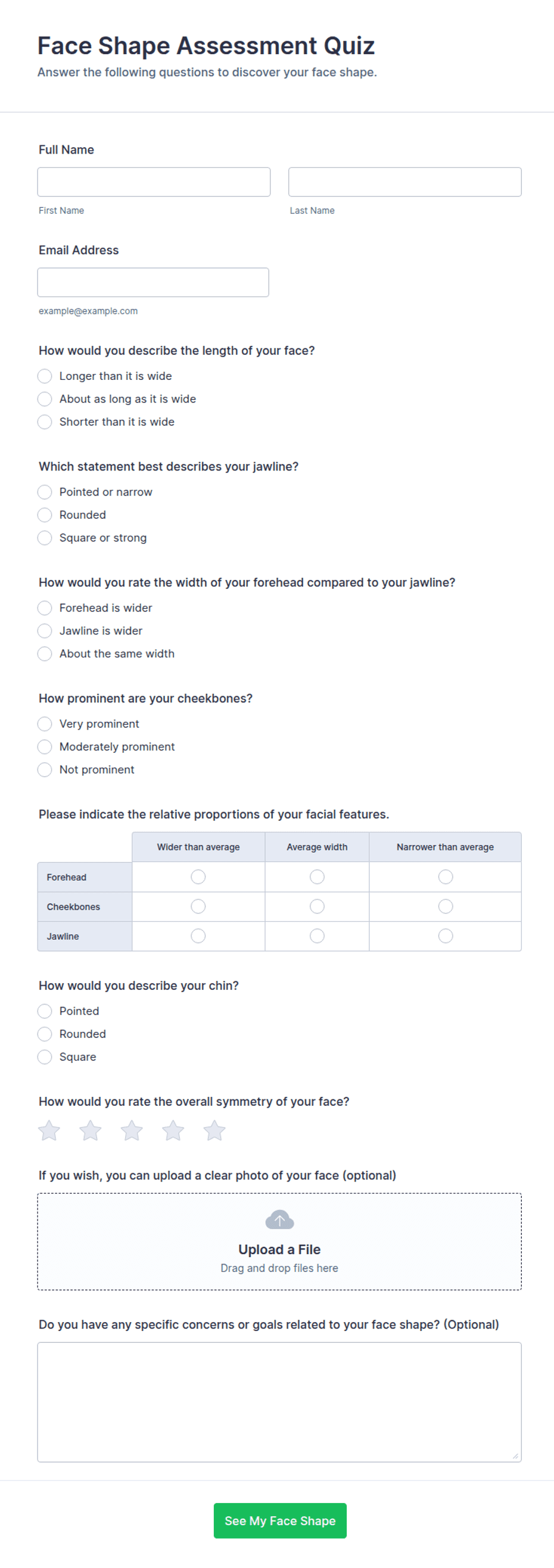Face Shape Assessment Quiz Form Template | Jotform