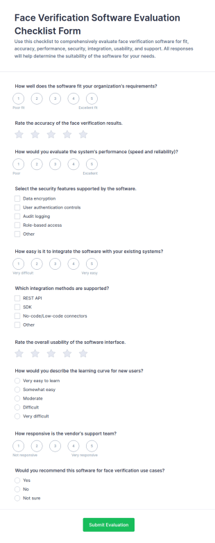 Face Verification Software Evaluation Checklist Form Template