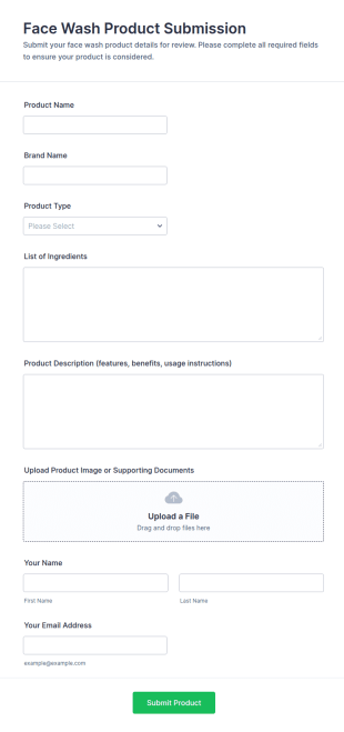 Face Wash Product Submission Form Template