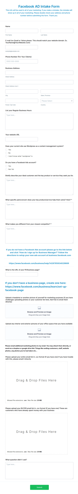 Facebook Ad Intake Form Template