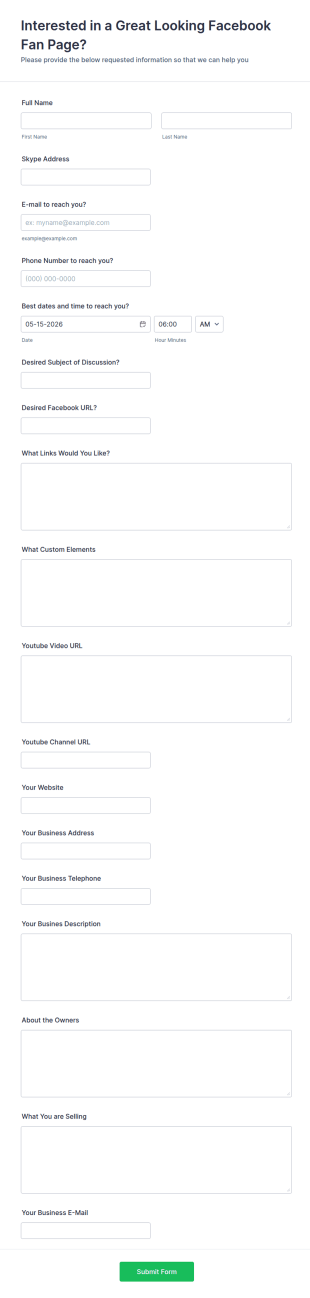 Facebook Fan Page Setup Request Form Template
