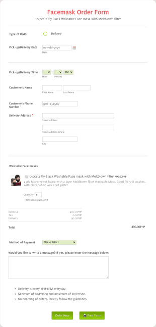 Facemask Order Form Template