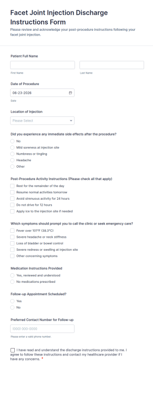 Facet Joint Injection Discharge Instructions Form Template