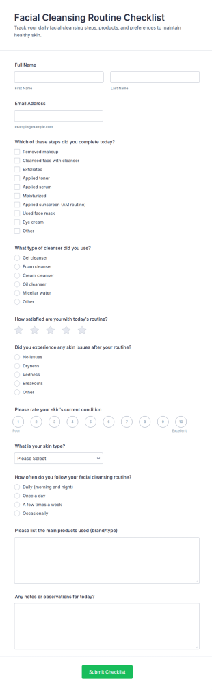 Facial Cleansing Routine Checklist Form Template