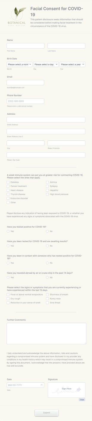 Facial Consent For COVID 19 Form Template