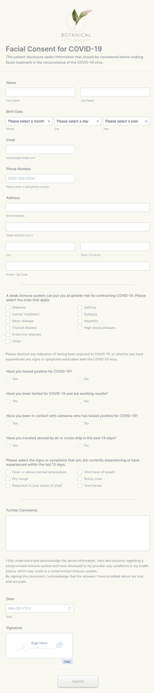 Facial Consent For COVID 19 Form Template