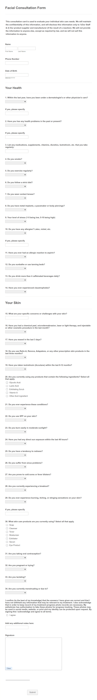 Facial Consultation Form Template