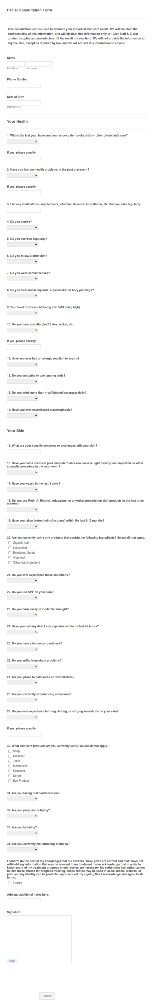Facial Consultation Form Template