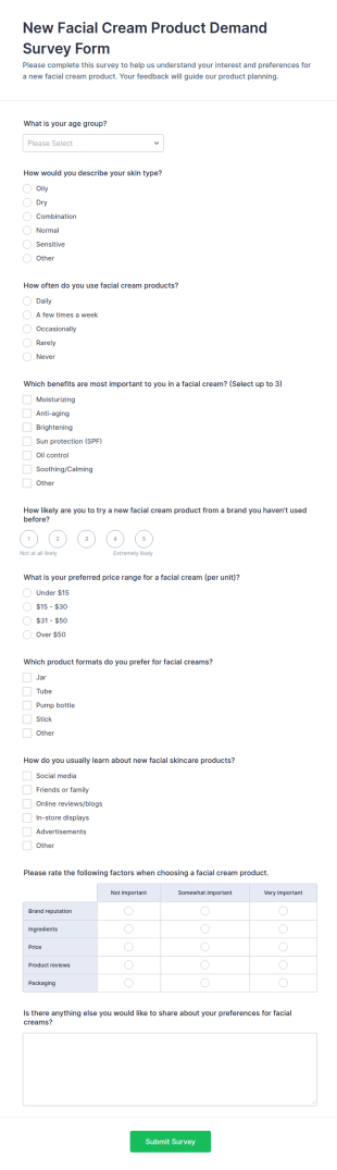 Facial Cream Product Demand Survey Form Template