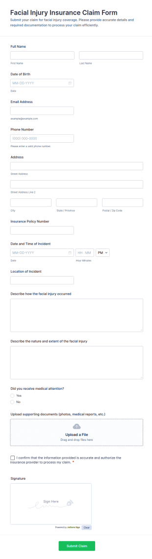 Facial Injury Insurance Claim Form Template