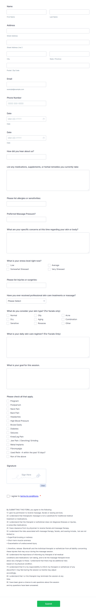 Facial Intake Form Template