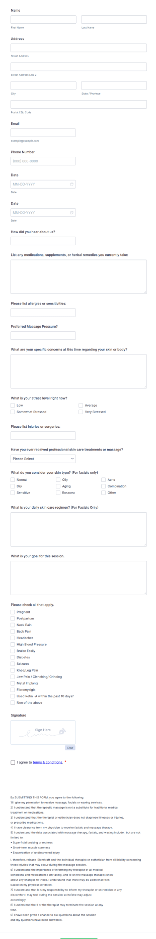 Facial Intake Form Template