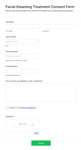 Facial Steaming Treatment Consent Form Template