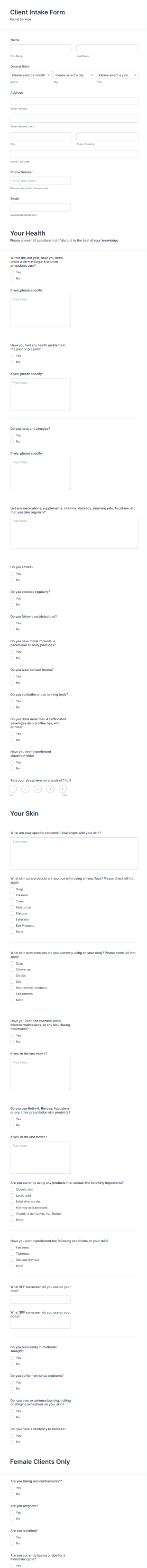 Facial Treatment Client Intake Form Template
