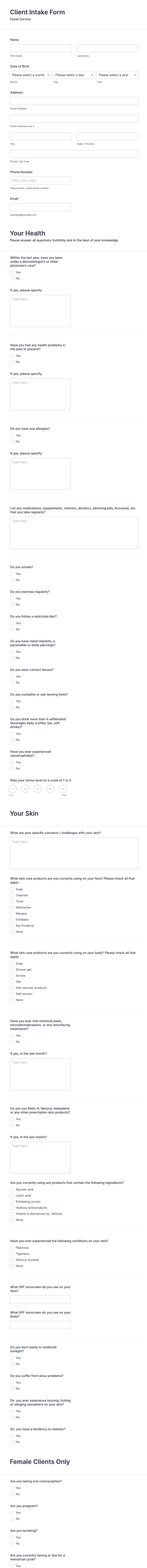 Facial Treatment Client Intake Form Template