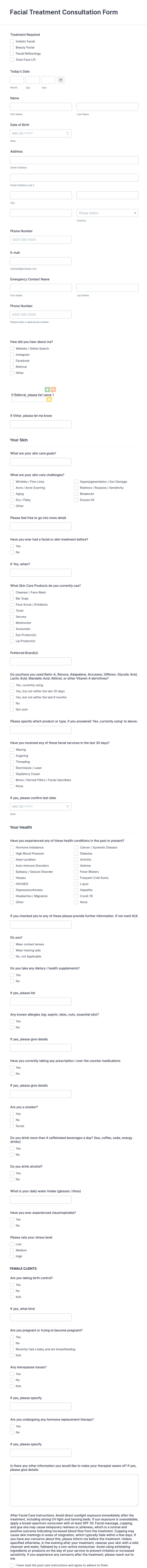 Facial Treatment Consultation Form Template