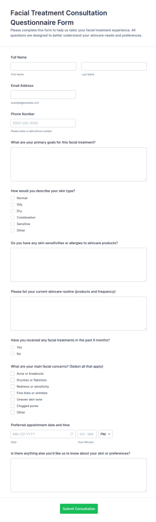 Facial Treatment Consultation Questionnaire Form Template