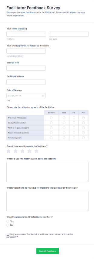 Facilitator Feedback Survey Form Template