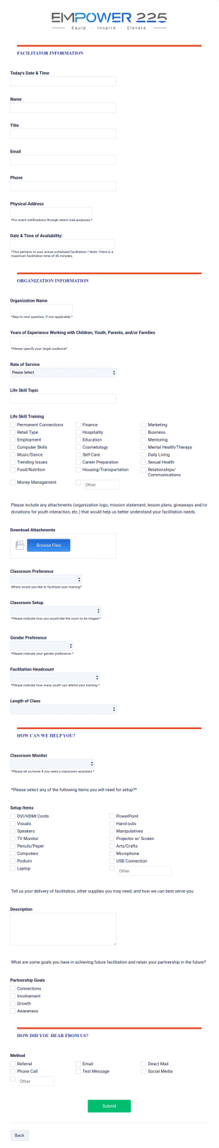 Facilitator Questionnaire Form Template