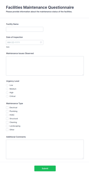 Facilities Maintenance Questionnaire Form Template
